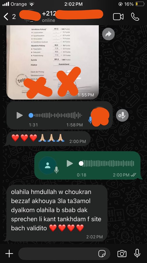 محادثة واتساب: طالب كيبعث صورة ديال نتيجة telc ديالو وكيقول بلي نجح بفضل تمارين Sprechen ديال الموقع.
