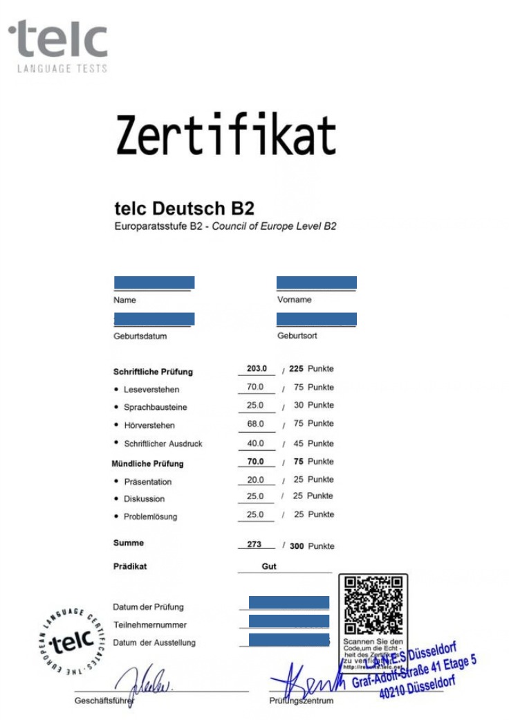 شهادة telc Deutsch B2 — 273 من 300، بتقدير Gut